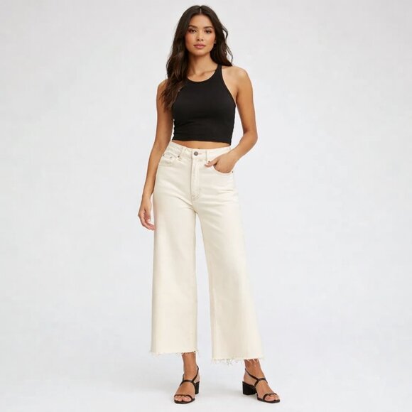 Frame Denim Denim - FRAME Le Palazzo Crop Wide Leg Jean White Tan Trim Raw Hem High Rise Sz 25